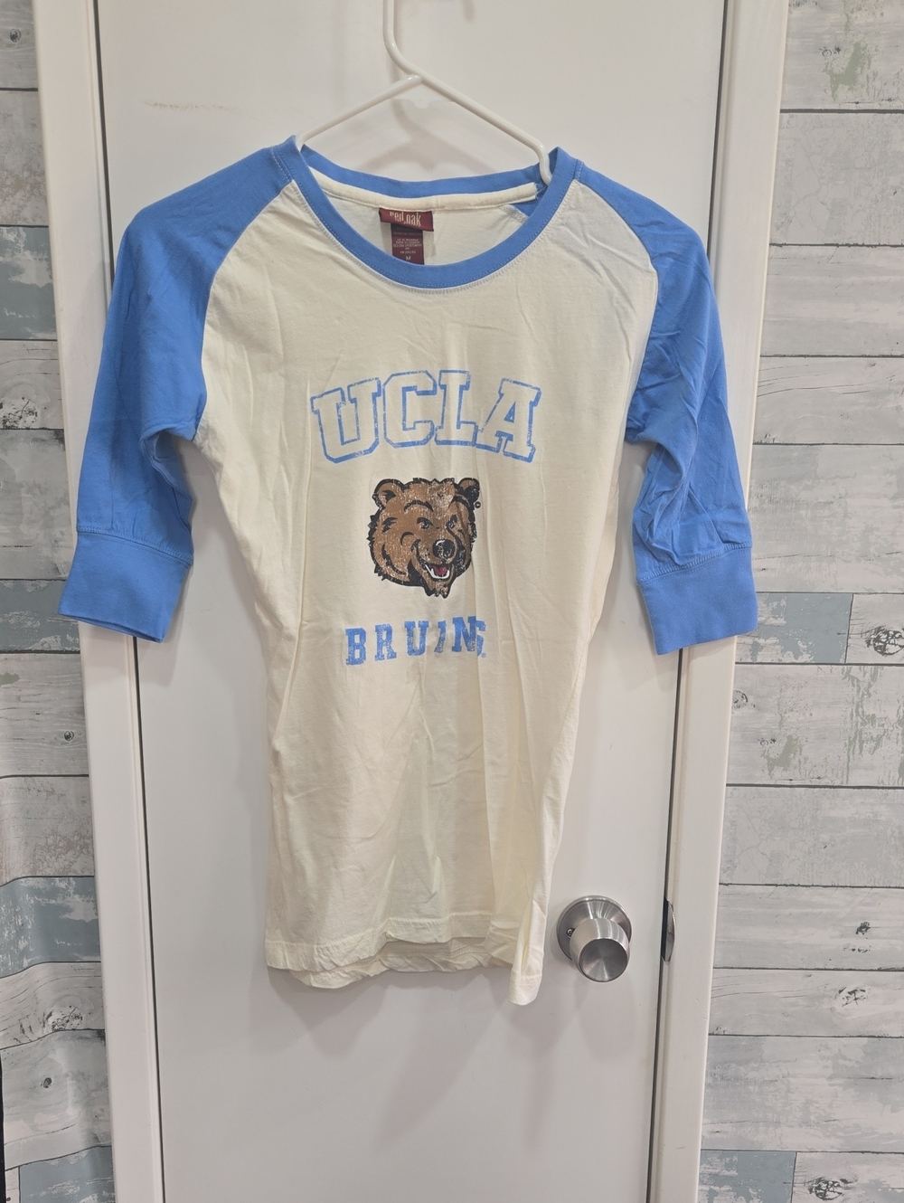 UCLA Raglan Long Sleeve Tee in Cream and Light Blue - Bruins Graphic